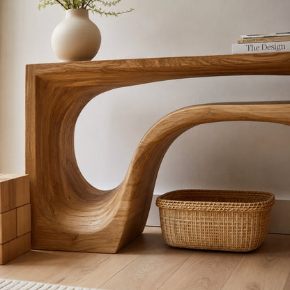 Flow Arch Natural Solid Wood Console Table with Open Storage Shelf - Livewoodcraft - 5