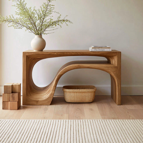 Flow Arch Natural Solid Wood Console Table with Open Storage Shelf - Livewoodcraft