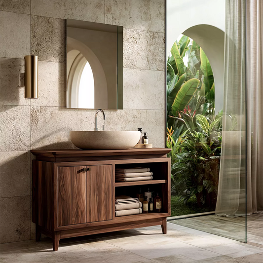 Freestanding Walnut Wood Bathroom Vanity With Hidden Cabinet And Open Shelf Storage - Livewoodcraft