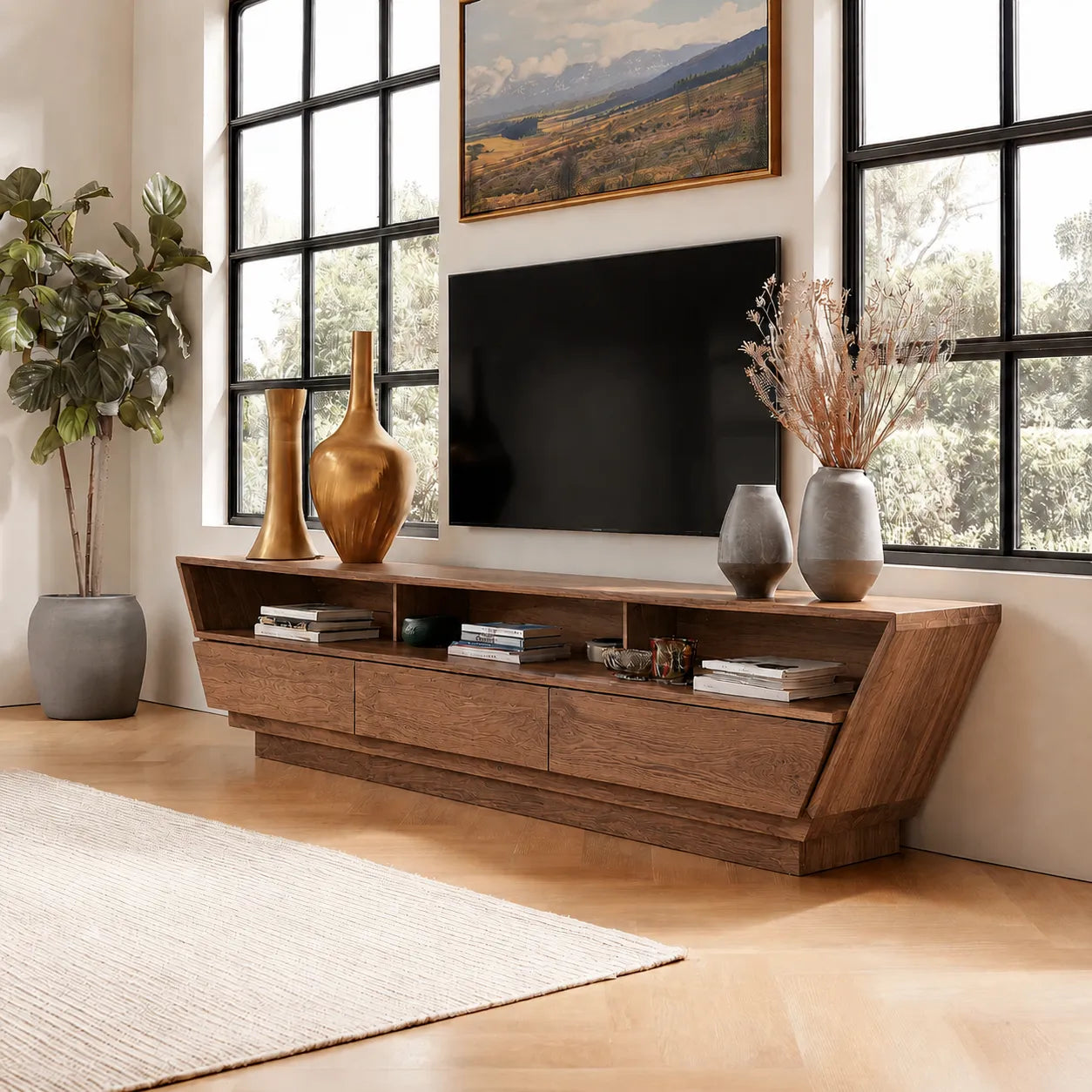 Geometric Natural Solid Wood TV Stand with Open Shelf and Hidden Storage - Livewoodcraft - 2