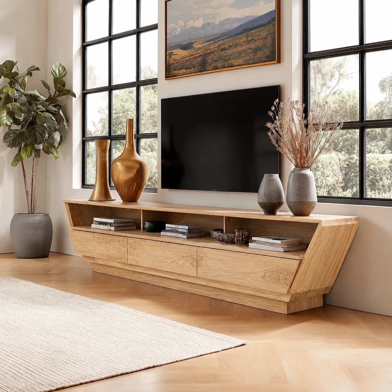 Geometric Natural Solid Wood TV Stand with Open Shelf and Hidden Storage - Livewoodcraft - 3