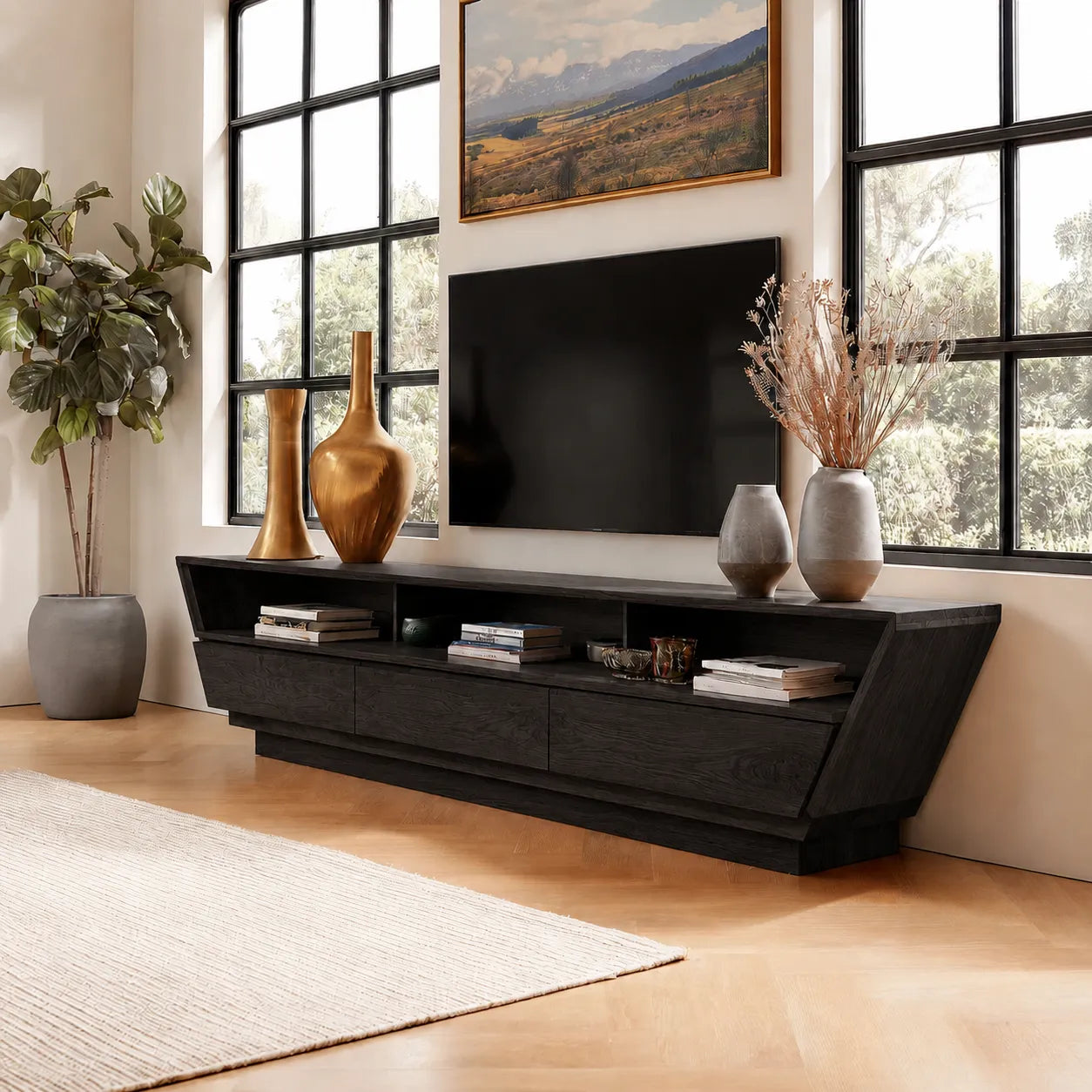 Geometric Natural Solid Wood TV Stand with Open Shelf and Hidden Storage - Livewoodcraft - 4