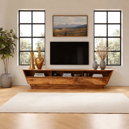 Geometric Natural Solid Wood TV Stand with Open Shelf and Hidden Storage - Livewoodcraft - 5