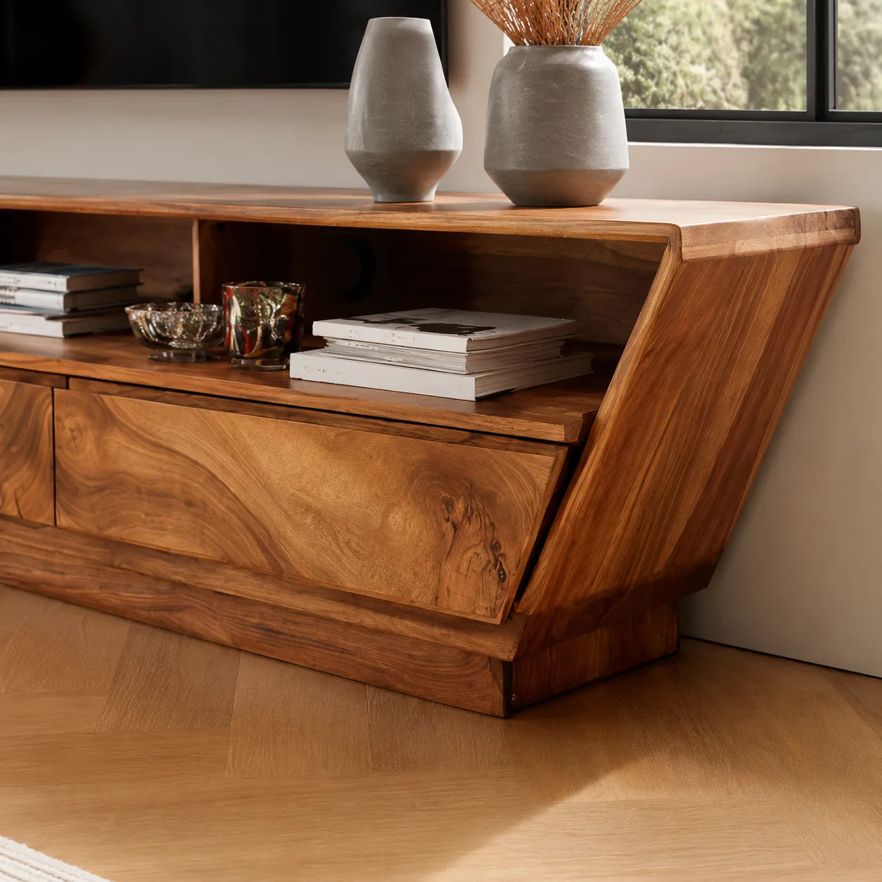 Geometric Natural Solid Wood TV Stand with Open Shelf and Hidden Storage - Livewoodcraft - 6