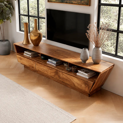 Geometric Natural Solid Wood TV Stand with Open Shelf and Hidden Storage - Livewoodcraft - 7