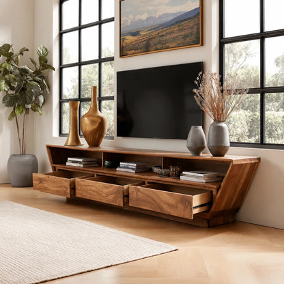 Geometric Natural Solid Wood TV Stand with Open Shelf and Hidden Storage - Livewoodcraft - 8