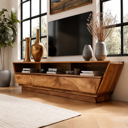 Geometric Natural Solid Wood TV Stand with Open Shelf and Hidden Storage - Livewoodcraft - 9