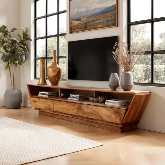 Geometric Natural Solid Wood TV Stand with Open Shelf and Hidden Storage - Livewoodcraft