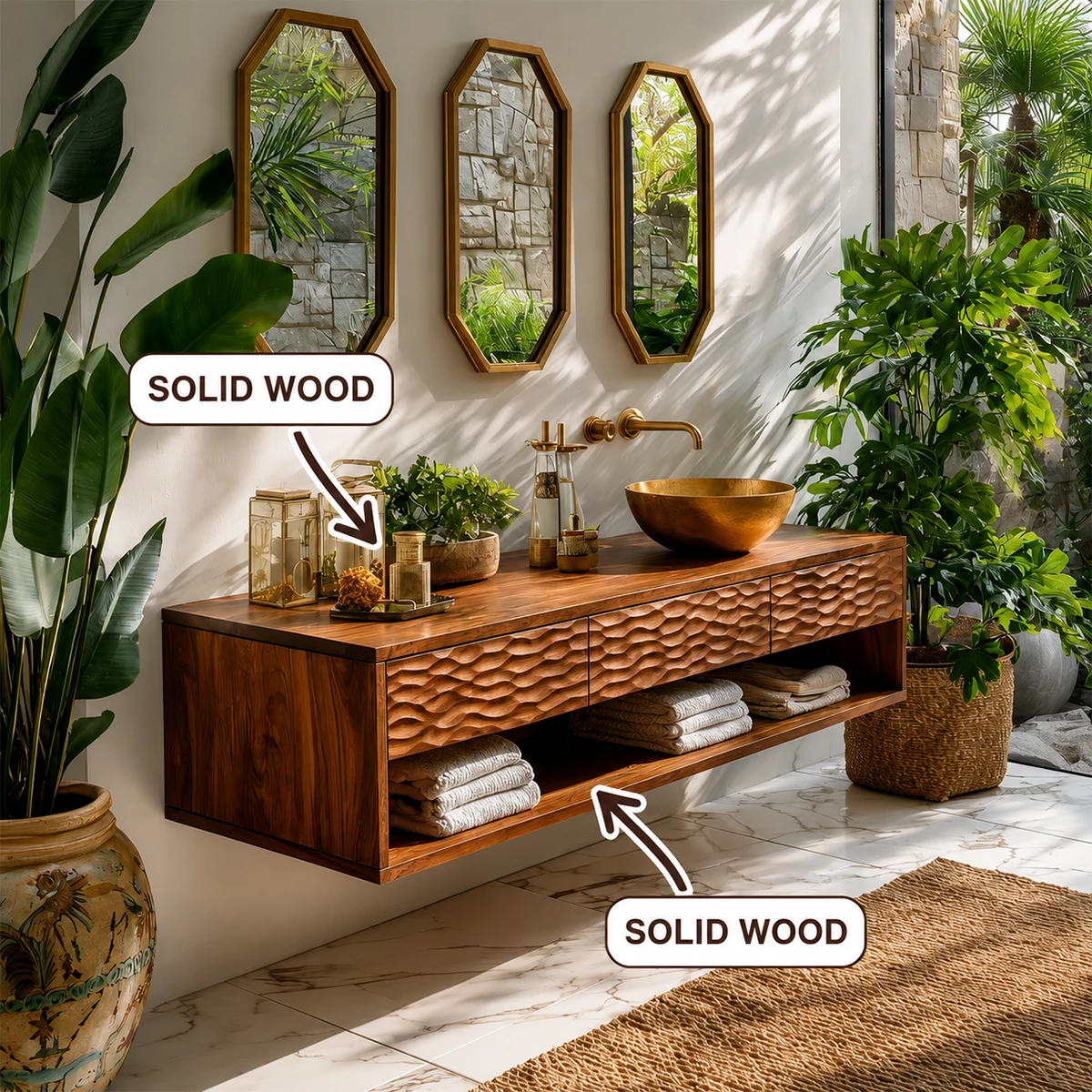 Handcrafted Floating Bathroom Vanity with Carved Drawer Fronts in Natural Solid Wood - Livewoodcraft - 10