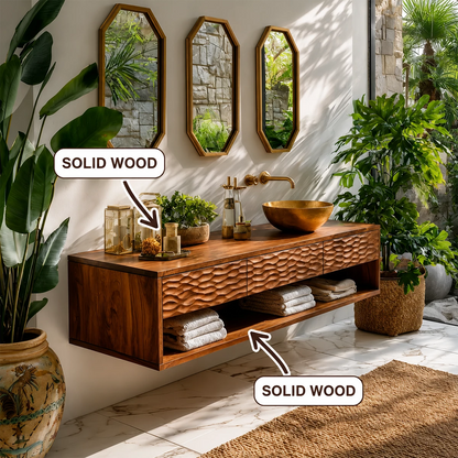Handcrafted Floating Bathroom Vanity with Carved Drawer Fronts in Natural Solid Wood - Livewoodcraft - 10