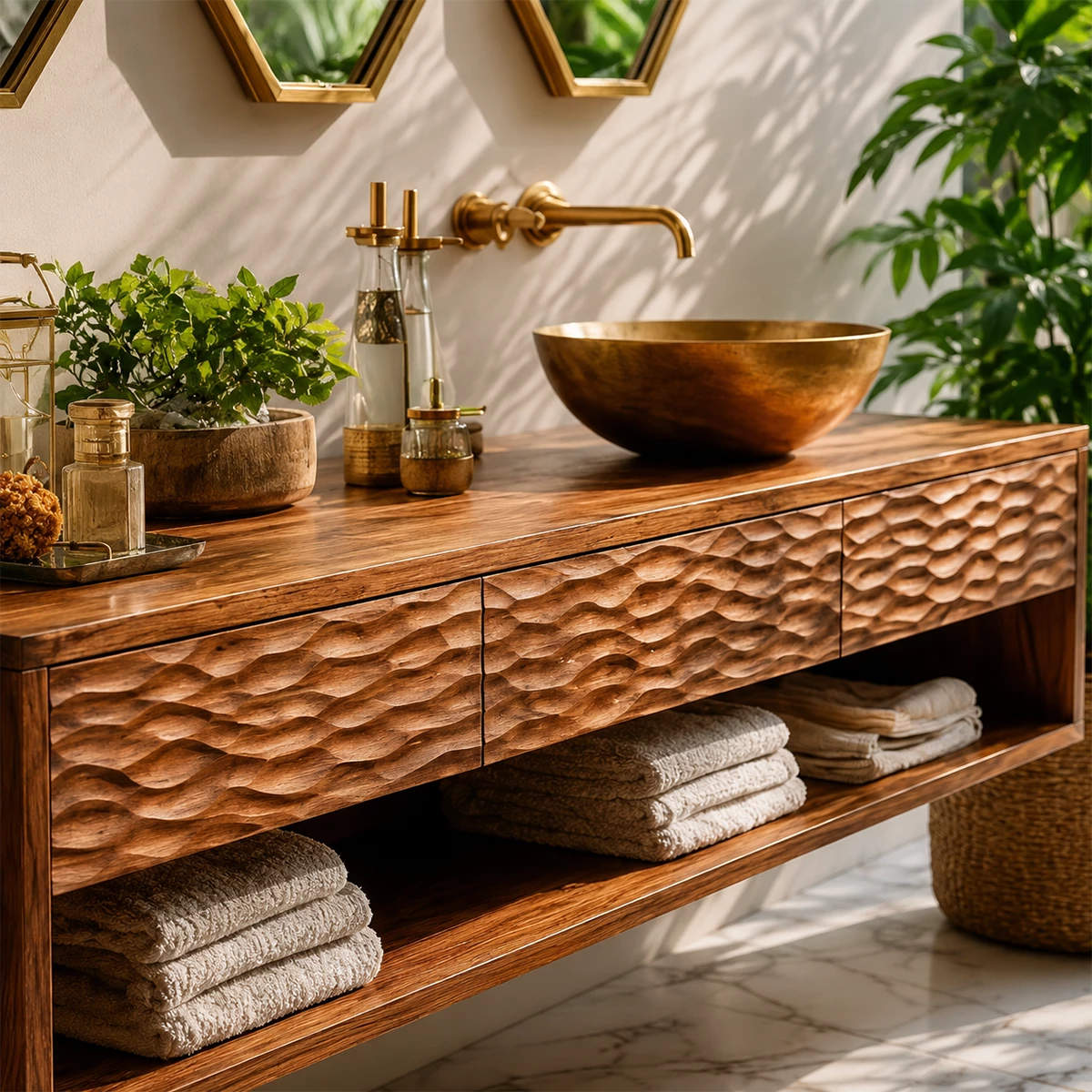 Handcrafted Floating Bathroom Vanity with Carved Drawer Fronts in Natural Solid Wood - Livewoodcraft - 2