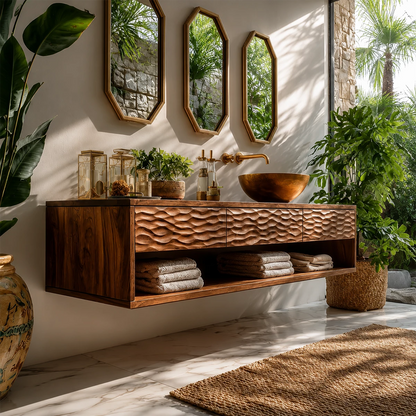 Handcrafted Floating Bathroom Vanity with Carved Drawer Fronts in Natural Solid Wood - Livewoodcraft - 3