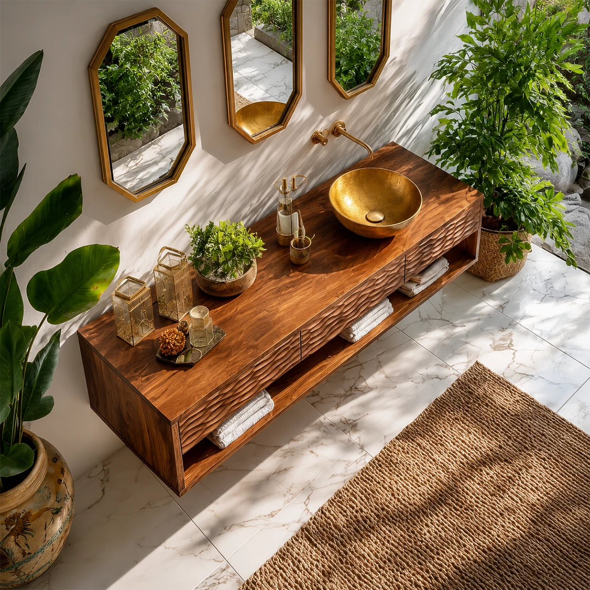 Handcrafted Floating Bathroom Vanity with Carved Drawer Fronts in Natural Solid Wood - Livewoodcraft - 4