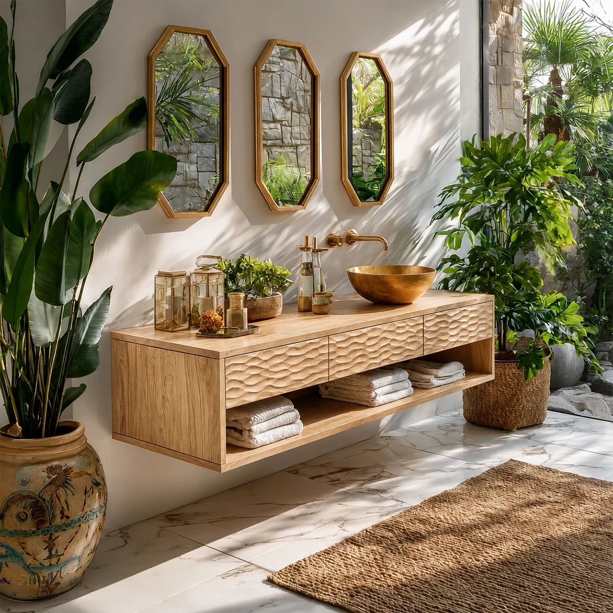 Handcrafted Floating Bathroom Vanity with Carved Drawer Fronts in Natural Solid Wood - Livewoodcraft - 5