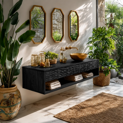 Handcrafted Floating Bathroom Vanity with Carved Drawer Fronts in Natural Solid Wood - Livewoodcraft - 6