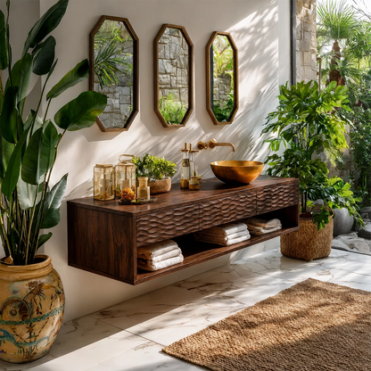 Handcrafted Floating Bathroom Vanity with Carved Drawer Fronts in Natural Solid Wood - Livewoodcraft - 7
