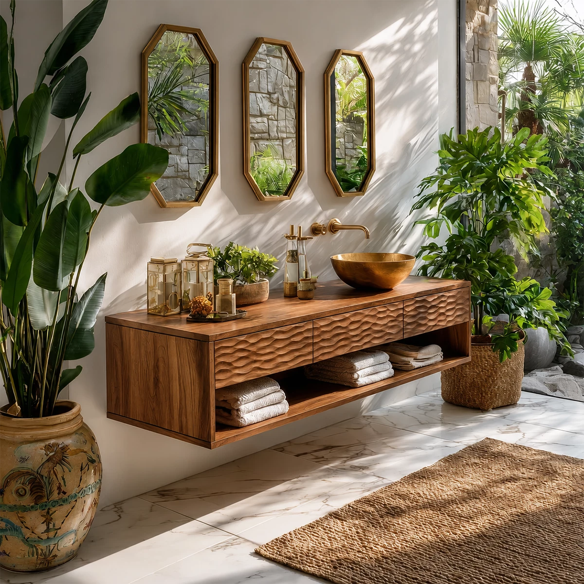 Handcrafted Floating Bathroom Vanity with Carved Drawer Fronts in Natural Solid Wood - Livewoodcraft - 8