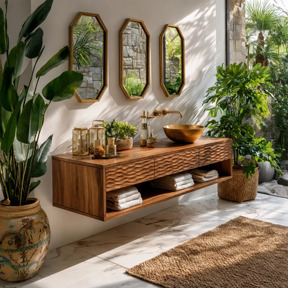 Handcrafted Floating Bathroom Vanity with Carved Drawer Fronts in Natural Solid Wood - Livewoodcraft - 8