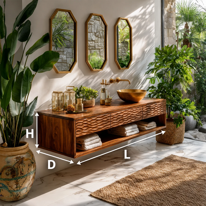 Handcrafted Floating Bathroom Vanity with Carved Drawer Fronts in Natural Solid Wood - Livewoodcraft - 9
