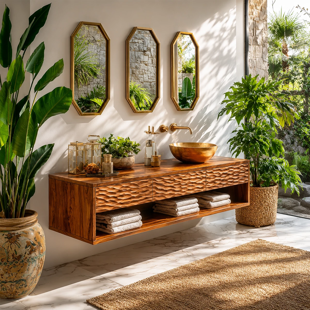 Handcrafted Floating Bathroom Vanity with Carved Drawer Fronts in Natural Solid Wood - Livewoodcraft
