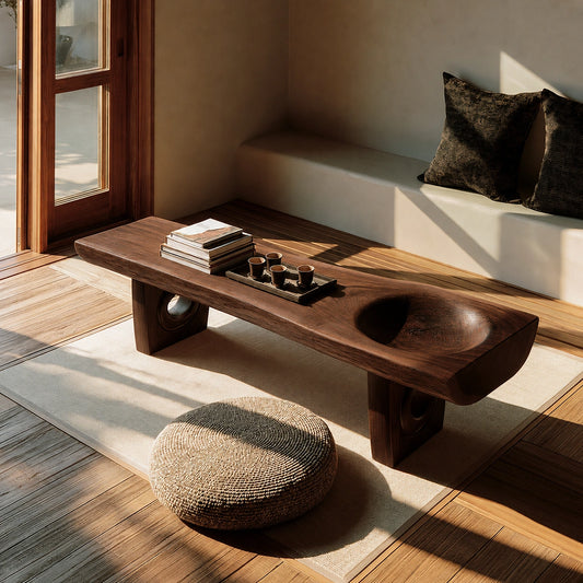 Handcrafted Solid Walnut Coffee Table with Carved Bowl | Sculptural Modern Living Room Table - Livewoodcraft