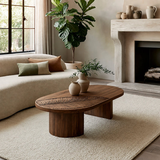 Handcrafted Solid Walnut Oval Coffee Table | Leaf Carved Modern Coffee Table for Living Room - Livewoodcraft