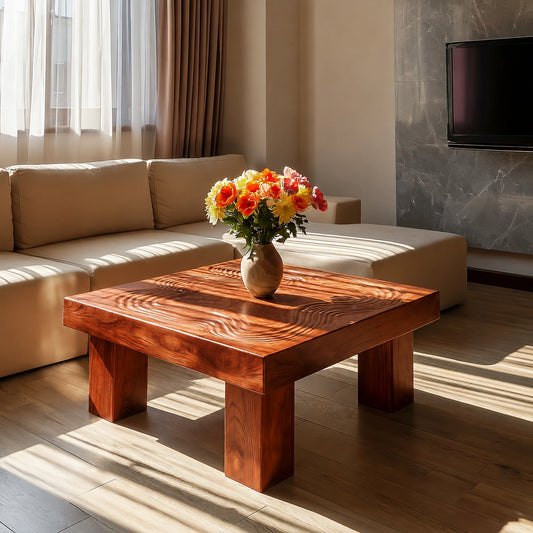 Handcrafted Solid Walnut Square Coffee Table | Sculpted Wood Grain Modern Living Room Table - Livewoodcraft