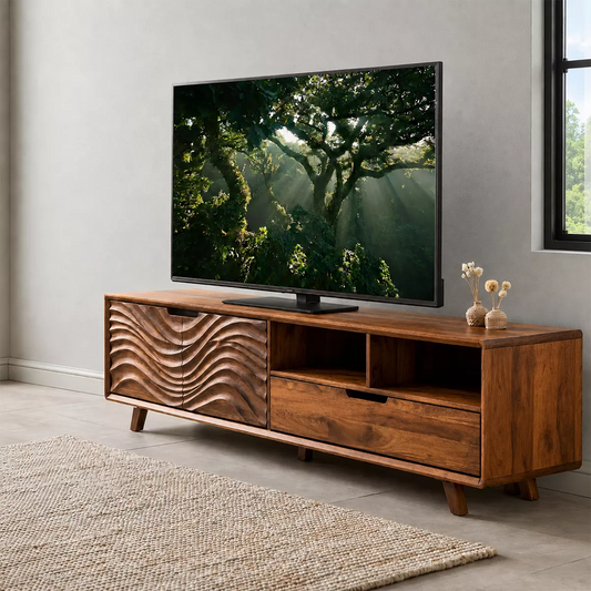 Handcrafted Solid Wood TV Stand With Sculptural Wave Carved Doors And Open Storage Shelves - Livewoodcraft