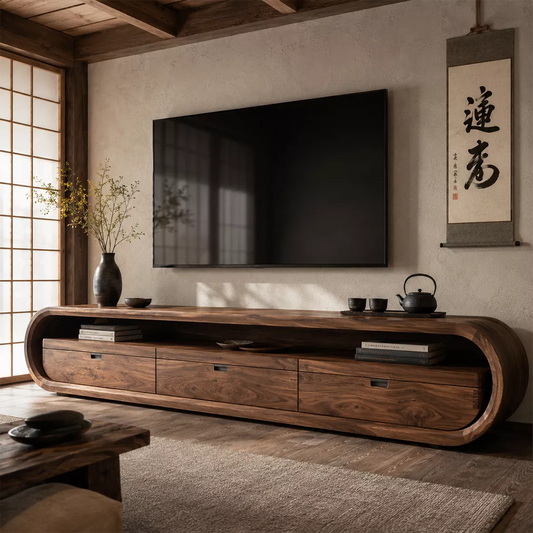 Japandi Solid Wood TV Stand With Rounded Loop Frame, Open Media Shelf And Drawer Storage For Living Room - Livewoodcraft