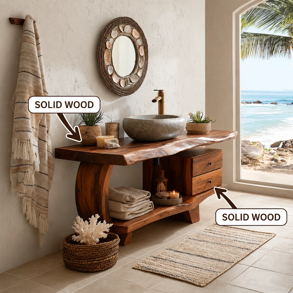 Live Edge Bathroom Vanity with Curved Open Shelf in Natural Solid Wood - Livewoodcraft - 10