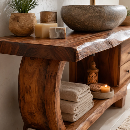 Live Edge Bathroom Vanity with Curved Open Shelf in Natural Solid Wood - Livewoodcraft - 2