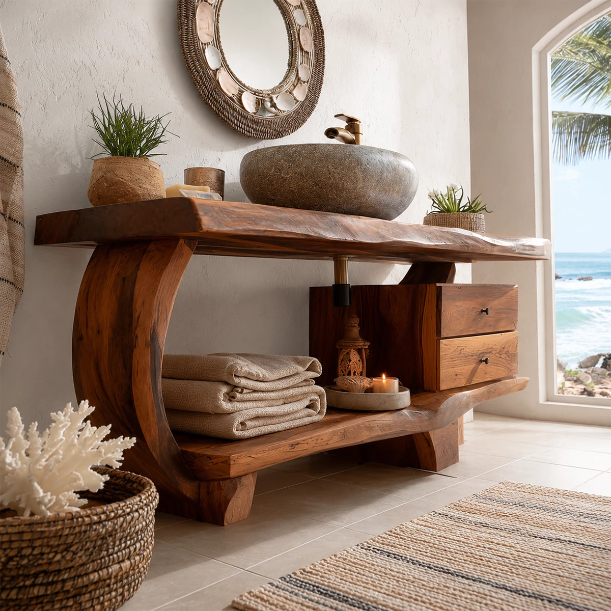 Live Edge Bathroom Vanity with Curved Open Shelf in Natural Solid Wood - Livewoodcraft - 3