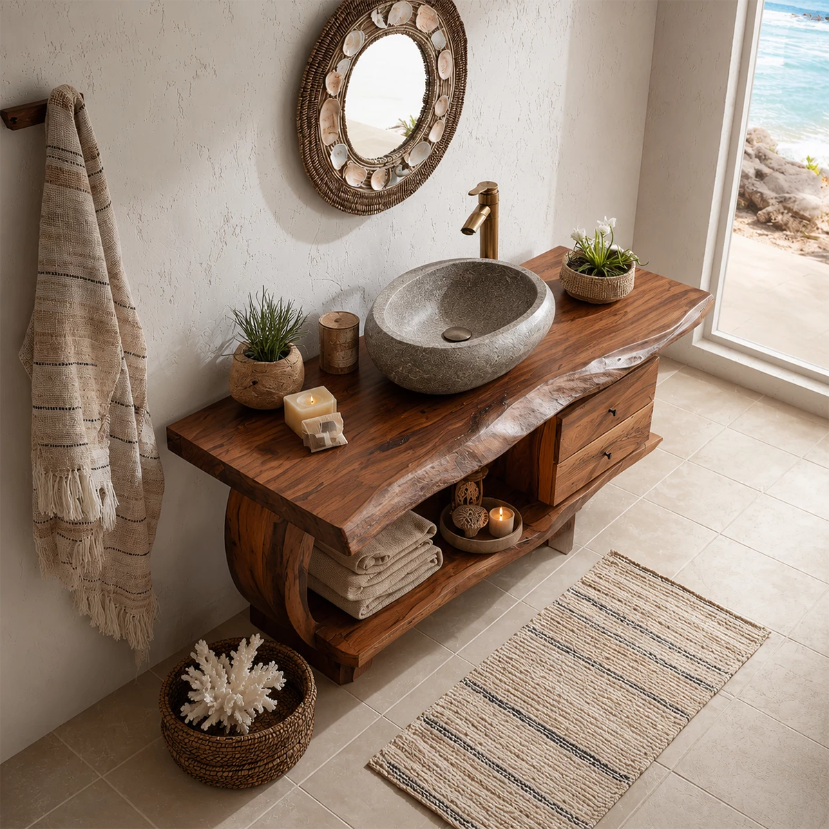 Live Edge Bathroom Vanity with Curved Open Shelf in Natural Solid Wood - Livewoodcraft - 4