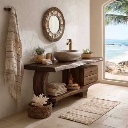 Live Edge Bathroom Vanity with Curved Open Shelf in Natural Solid Wood - Livewoodcraft - 5