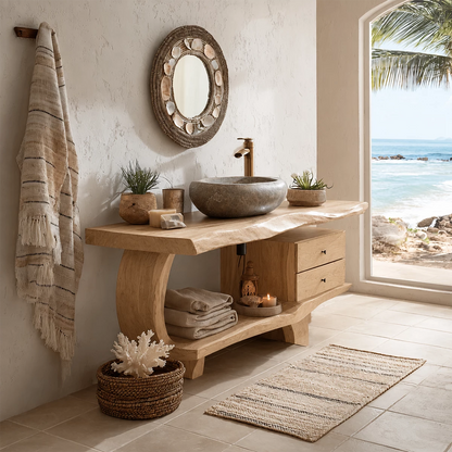 Live Edge Bathroom Vanity with Curved Open Shelf in Natural Solid Wood - Livewoodcraft - 6