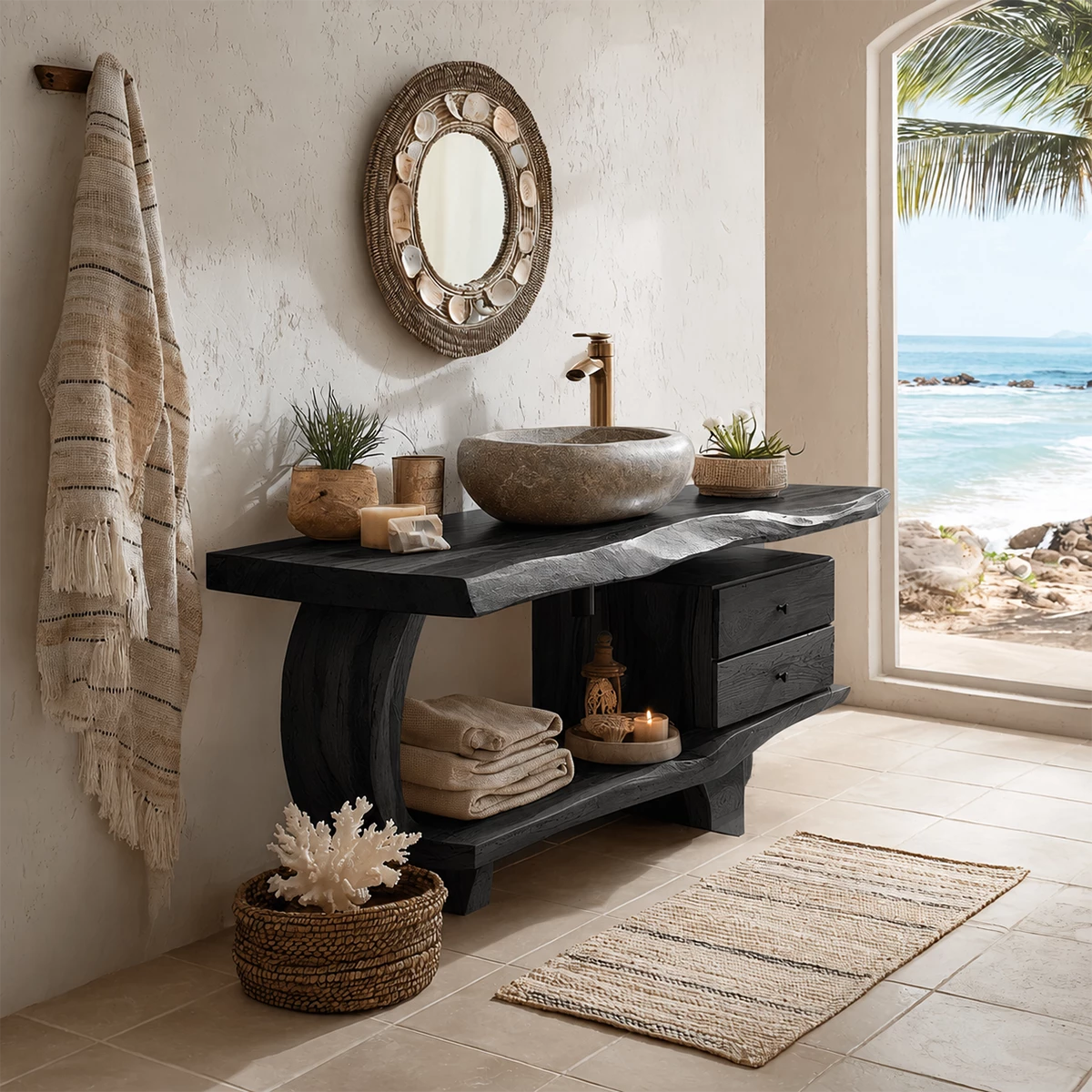 Live Edge Bathroom Vanity with Curved Open Shelf in Natural Solid Wood - Livewoodcraft - 7