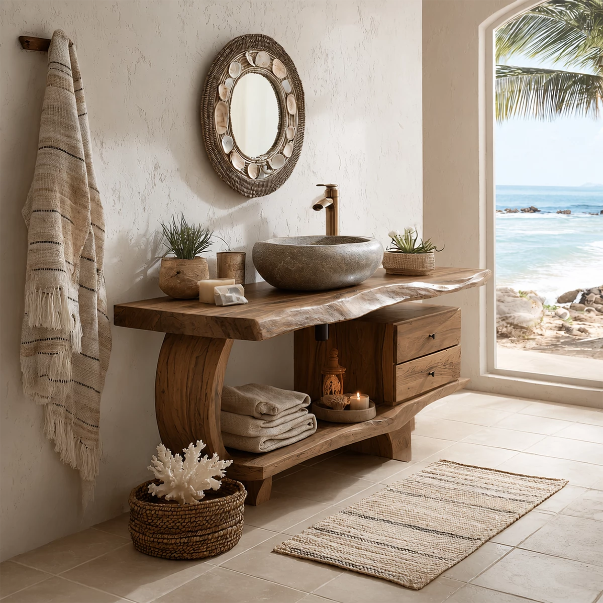Live Edge Bathroom Vanity with Curved Open Shelf in Natural Solid Wood - Livewoodcraft - 8
