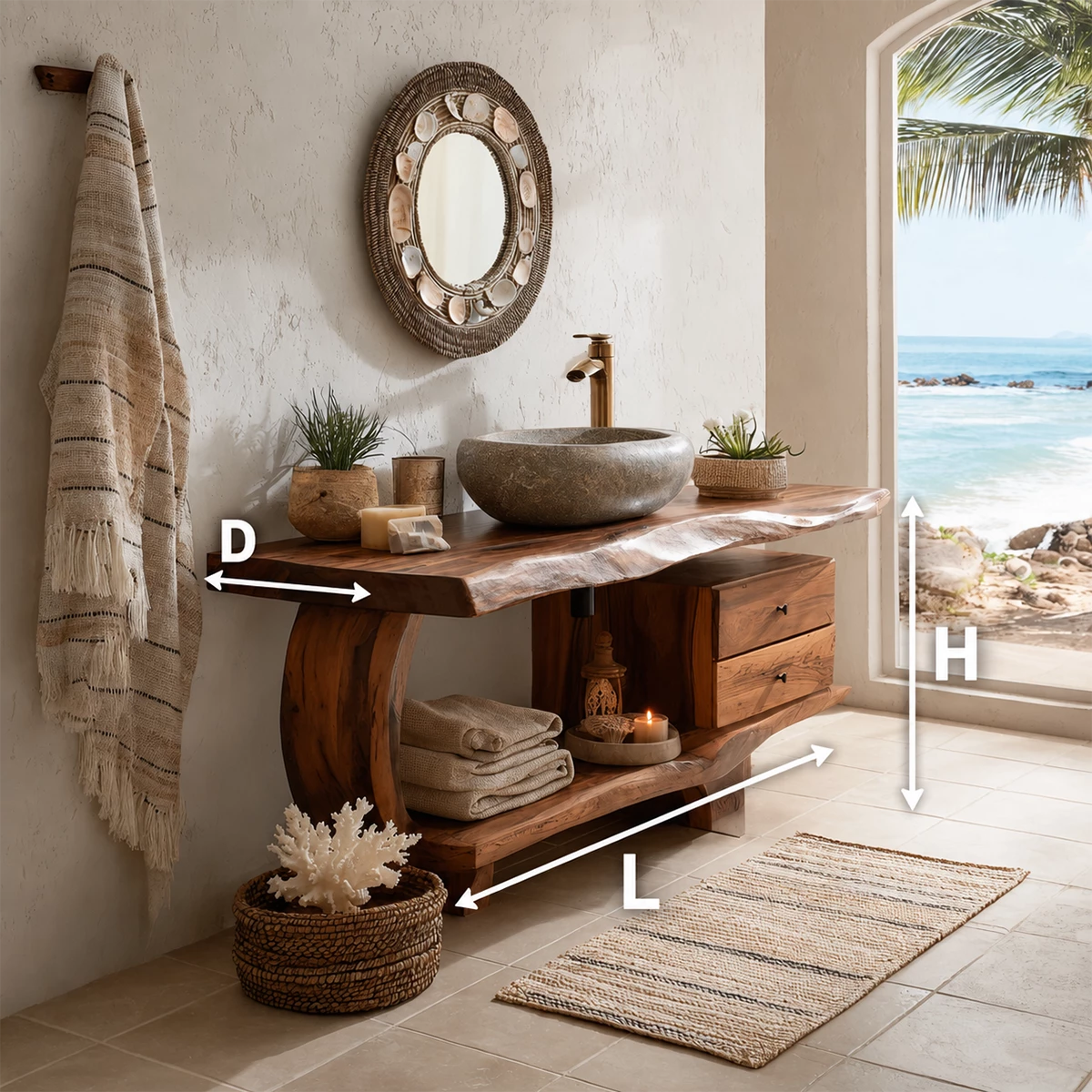 Live Edge Bathroom Vanity with Curved Open Shelf in Natural Solid Wood - Livewoodcraft - 9