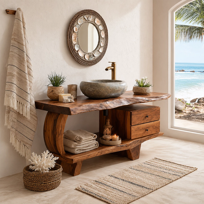 Live Edge Bathroom Vanity with Curved Open Shelf in Natural Solid Wood - Livewoodcraft