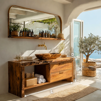 Live Edge Bathroom Vanity with Open Shelf and Dual Drawers in Natural Solid Wood - Livewoodcraft - 10