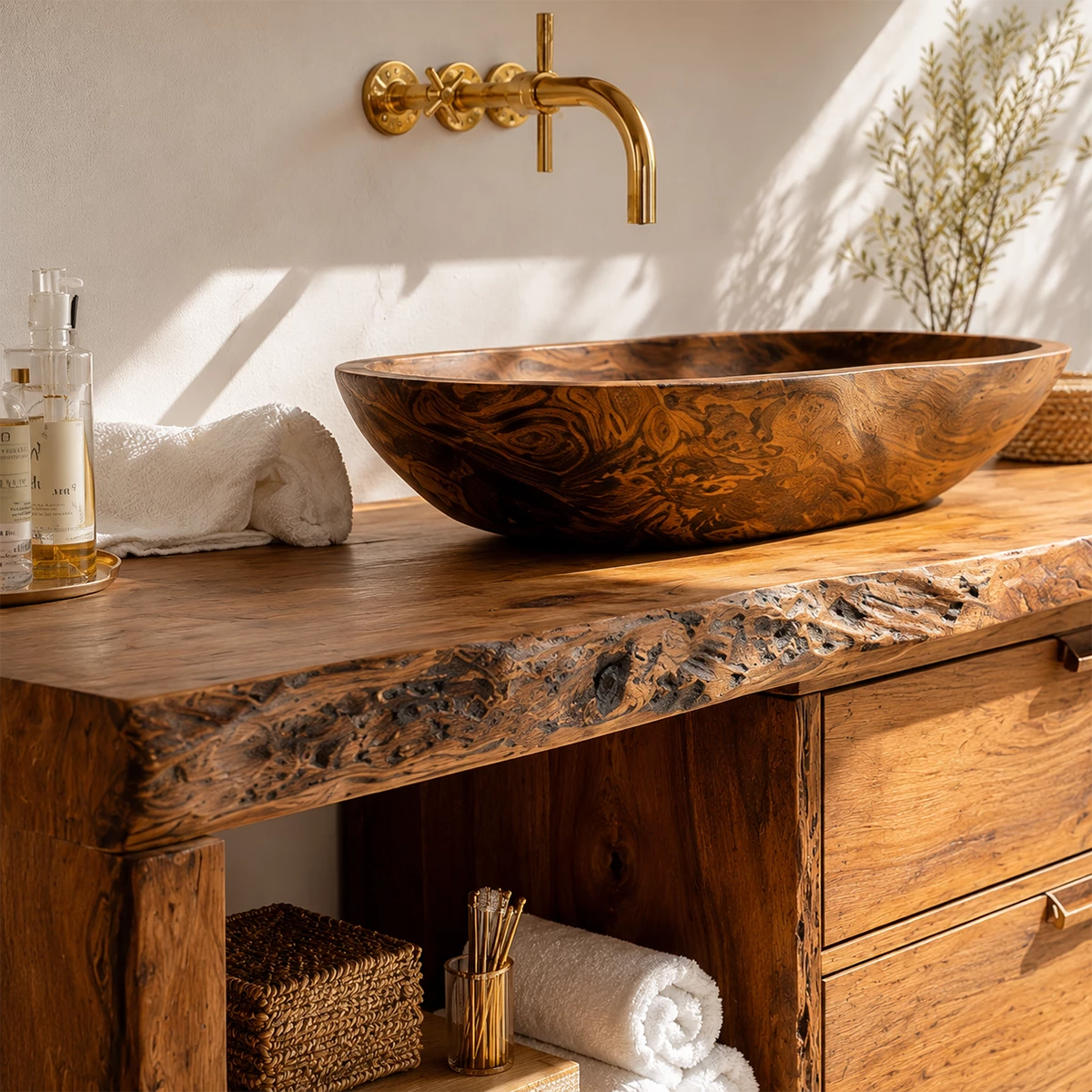 Live Edge Bathroom Vanity with Open Shelf and Dual Drawers in Natural Solid Wood - Livewoodcraft - 2