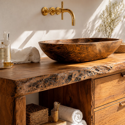 Live Edge Bathroom Vanity with Open Shelf and Dual Drawers in Natural Solid Wood - Livewoodcraft - 2