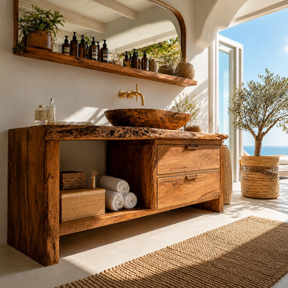 Live Edge Bathroom Vanity with Open Shelf and Dual Drawers in Natural Solid Wood - Livewoodcraft - 3