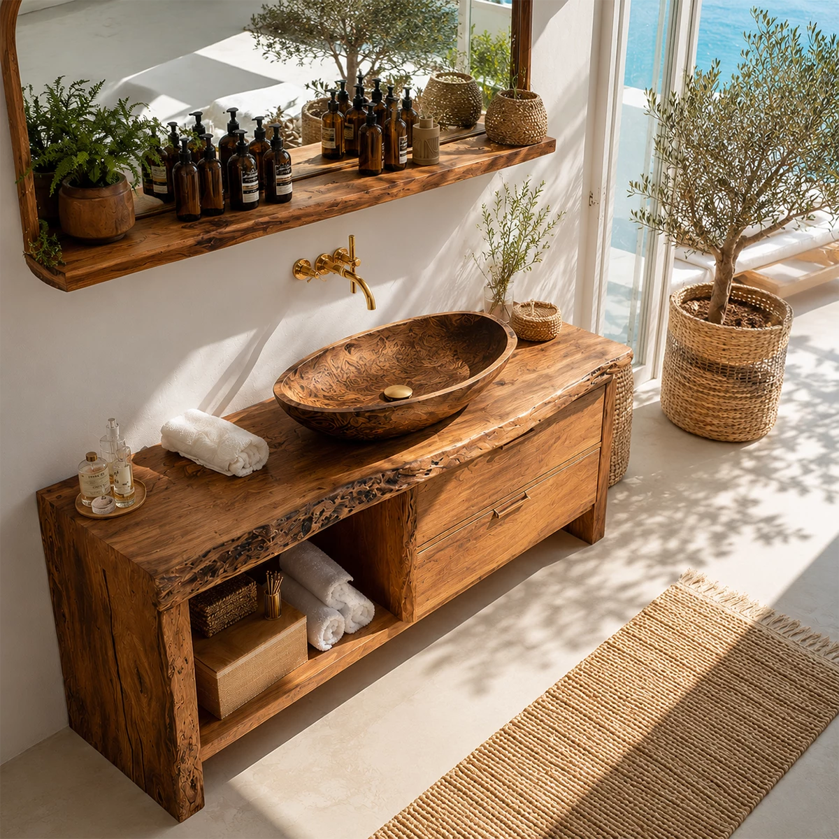 Live Edge Bathroom Vanity with Open Shelf and Dual Drawers in Natural Solid Wood - Livewoodcraft - 4
