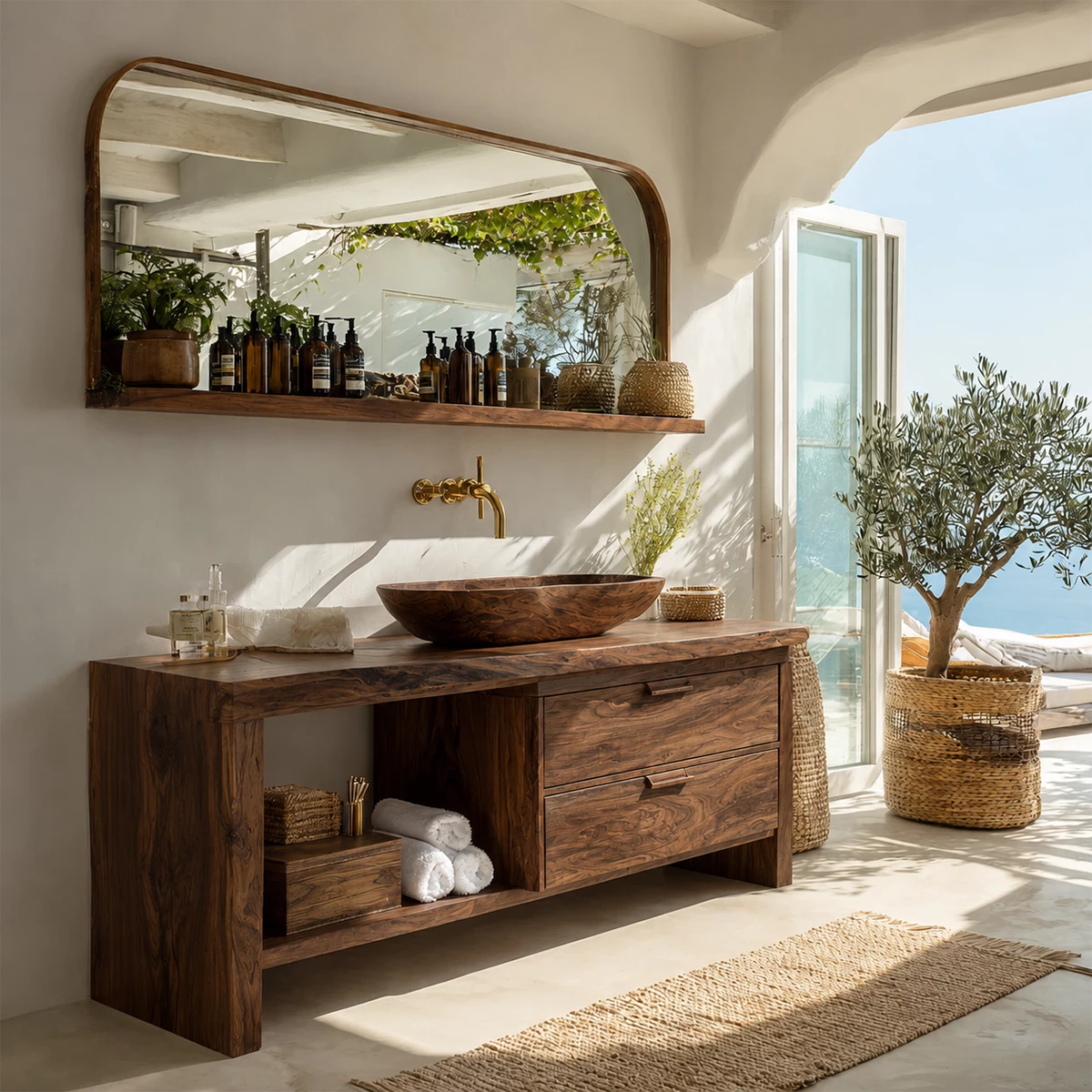 Live Edge Bathroom Vanity with Open Shelf and Dual Drawers in Natural Solid Wood - Livewoodcraft - 5