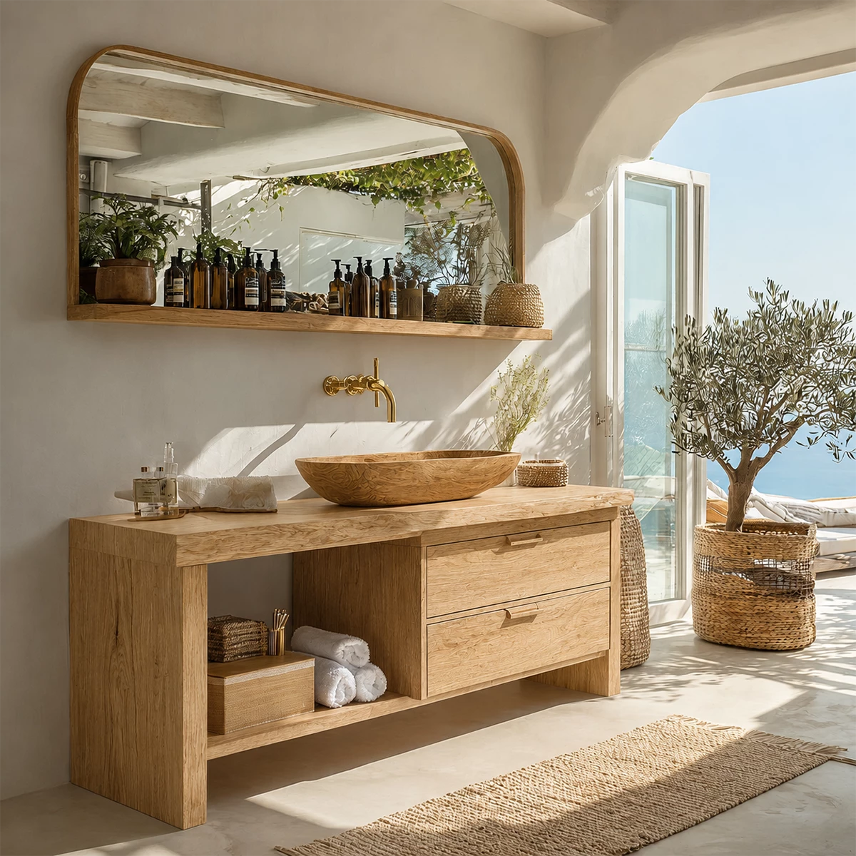 Live Edge Bathroom Vanity with Open Shelf and Dual Drawers in Natural Solid Wood - Livewoodcraft - 6