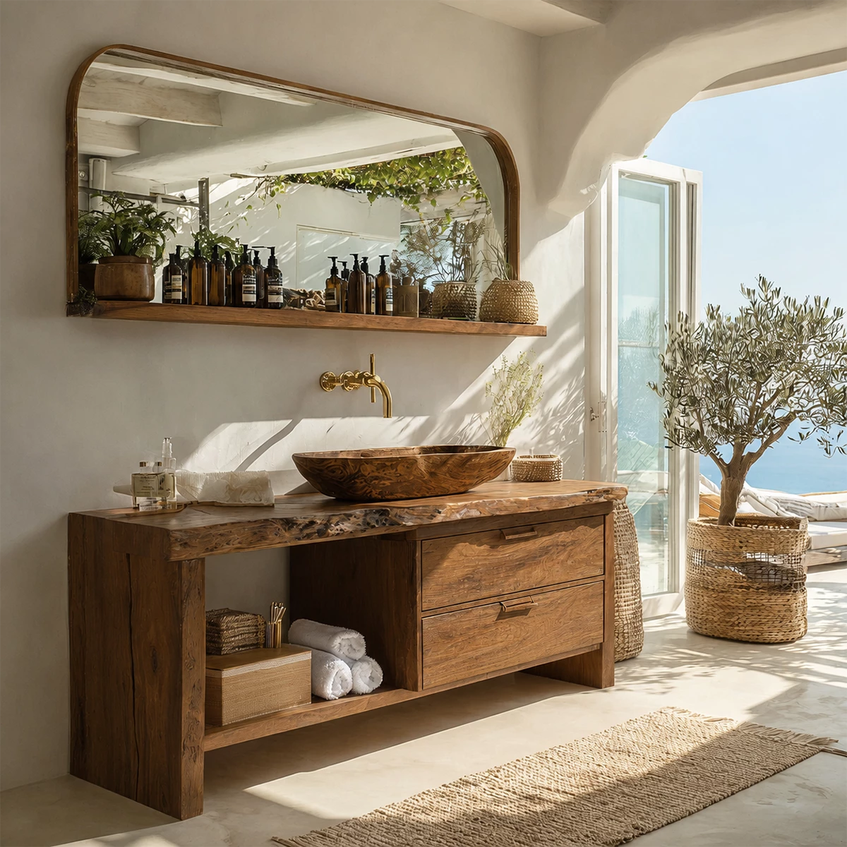 Live Edge Bathroom Vanity with Open Shelf and Dual Drawers in Natural Solid Wood - Livewoodcraft - 8