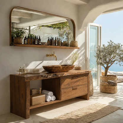 Live Edge Bathroom Vanity with Open Shelf and Dual Drawers in Natural Solid Wood - Livewoodcraft - 8