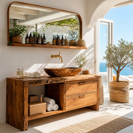 Live Edge Bathroom Vanity with Open Shelf and Dual Drawers in Natural Solid Wood - Livewoodcraft