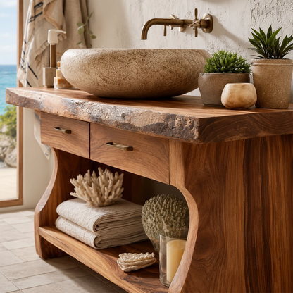 Live Edge Bathroom Vanity with Open Shelf in Natural Solid Wood - Livewoodcraft - 2